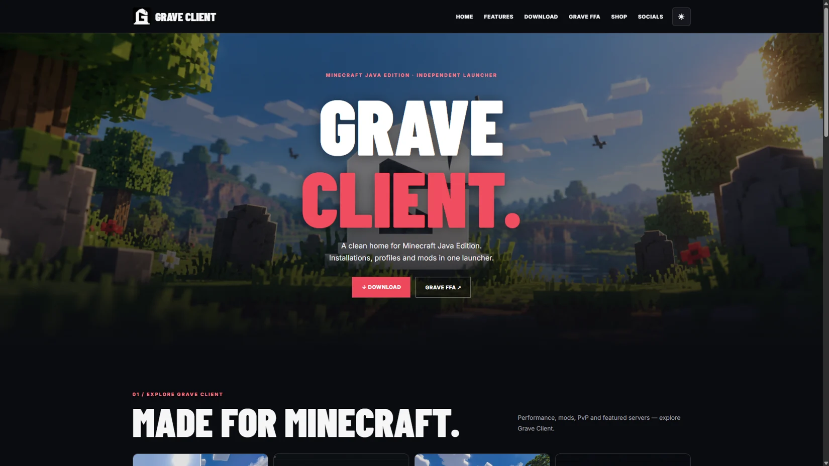 Screenshot of the Grave Client website